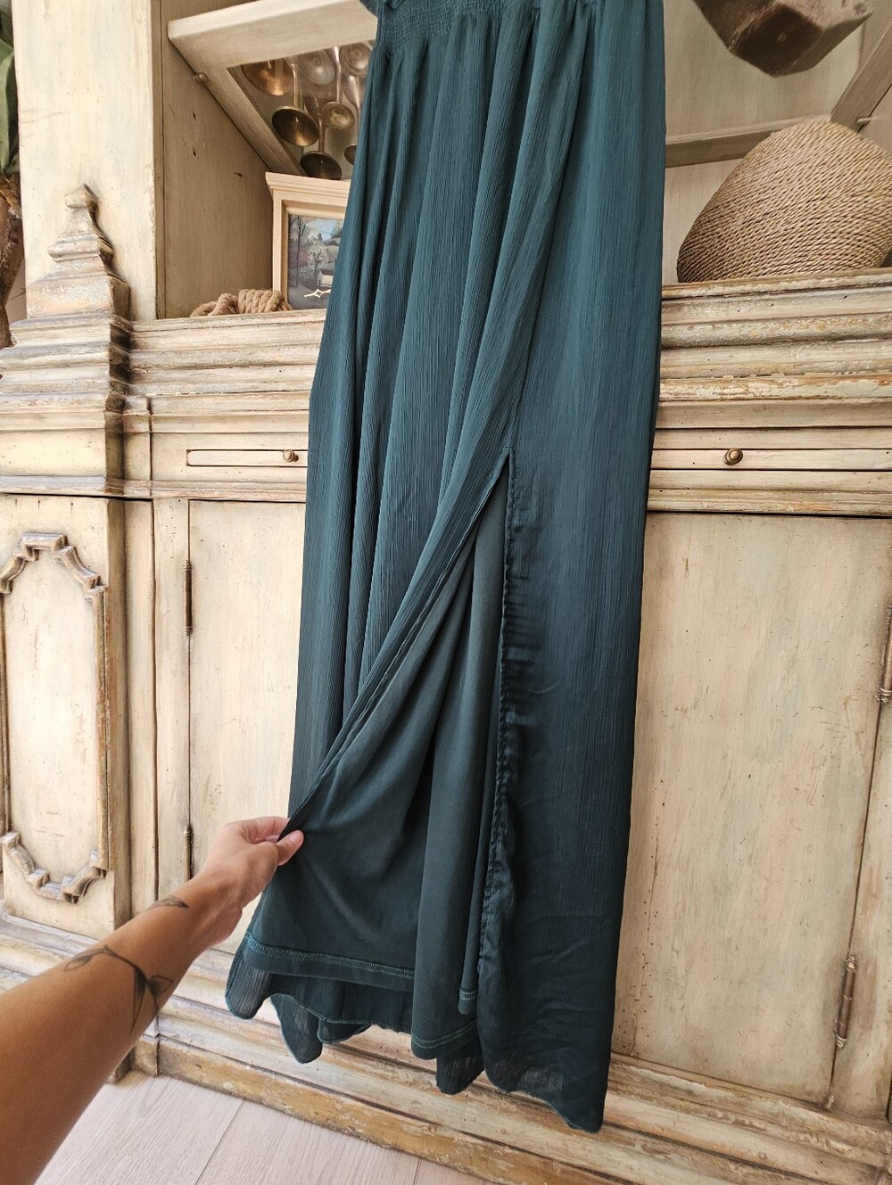 Baltic Born Prague Satin Smocked Empire Waist Maxi Dress Dark Green M - Picture 10 of 13
